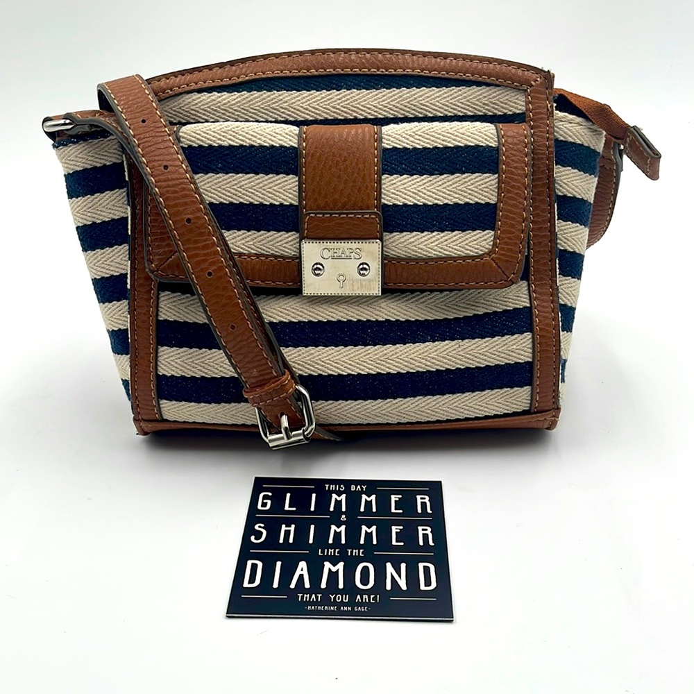 CHAPS Navy and White Striped Crossbody Leather